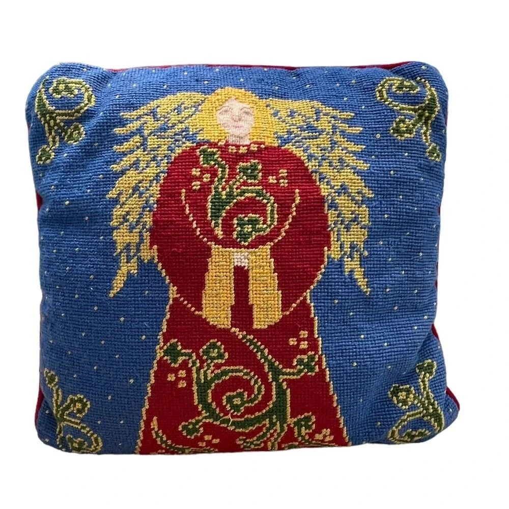 Pier 1 Needlepoint Christmas Angel Red Blue Wool Velour Pillow Holiday 13